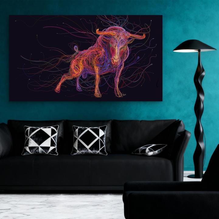 Tempered Glass Wall Art, Charging Bull Technology Decor, Modern Office Print