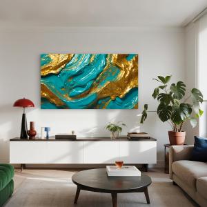 Teal and Gold: Oversized Abstract Acrylic Texture Tempered Glass Art, Luxury Marble Effect