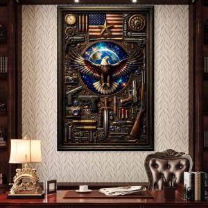 Steampunk Eagle American Flag Tempered Glass Wall Art, Patriotic Eagle Decor