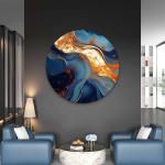 Round Gold and Blue Abstract Glass Wall Art, Circular Tempered Glass Decor, Modern Luxury