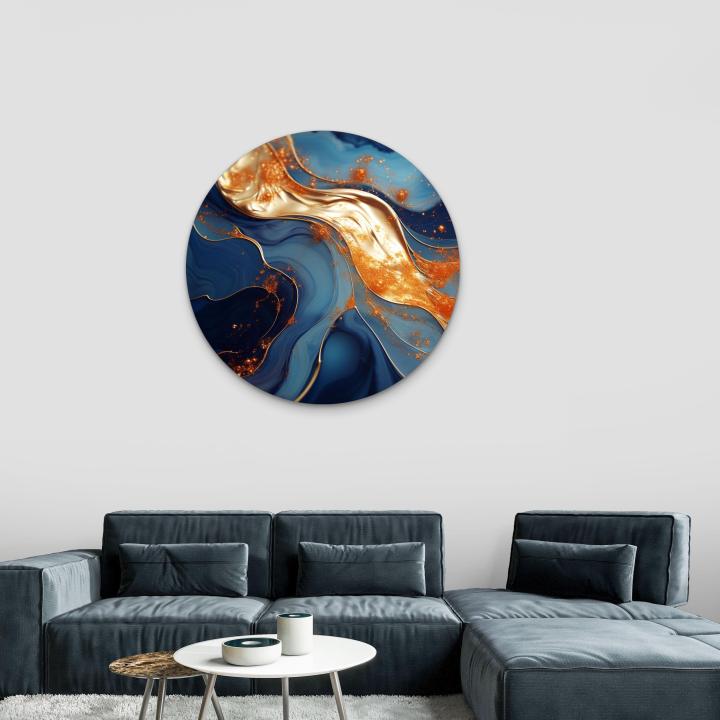 Round Gold and Blue Abstract Glass Wall Art, Circular Tempered Glass Decor, Modern Luxury