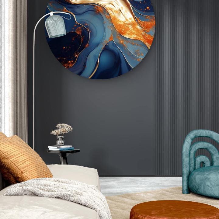 Round Gold and Blue Abstract Glass Wall Art, Circular Tempered Glass Decor, Modern Luxury