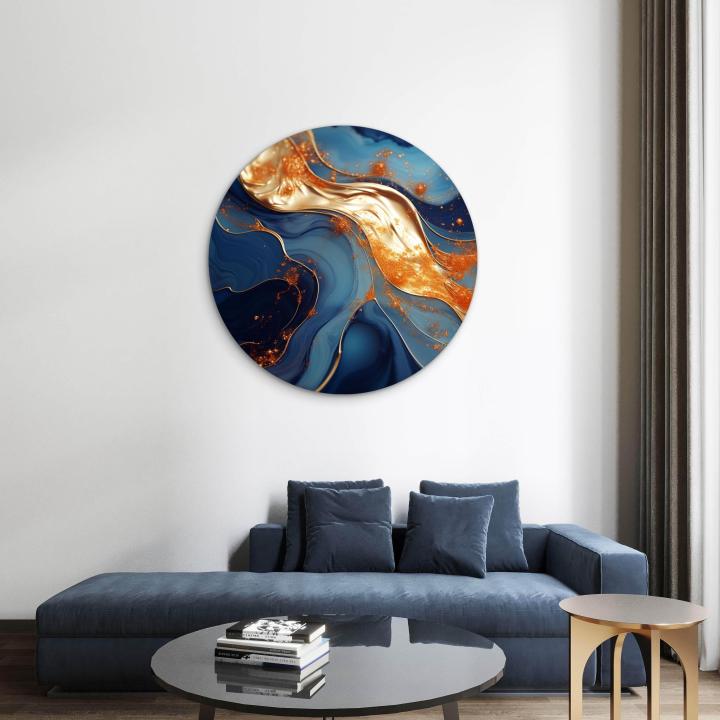 Round Gold and Blue Abstract Glass Wall Art, Circular Tempered Glass Decor, Modern Luxury