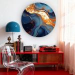 Round Gold and Blue Abstract Glass Wall Art, Circular Tempered Glass Decor, Modern Luxury