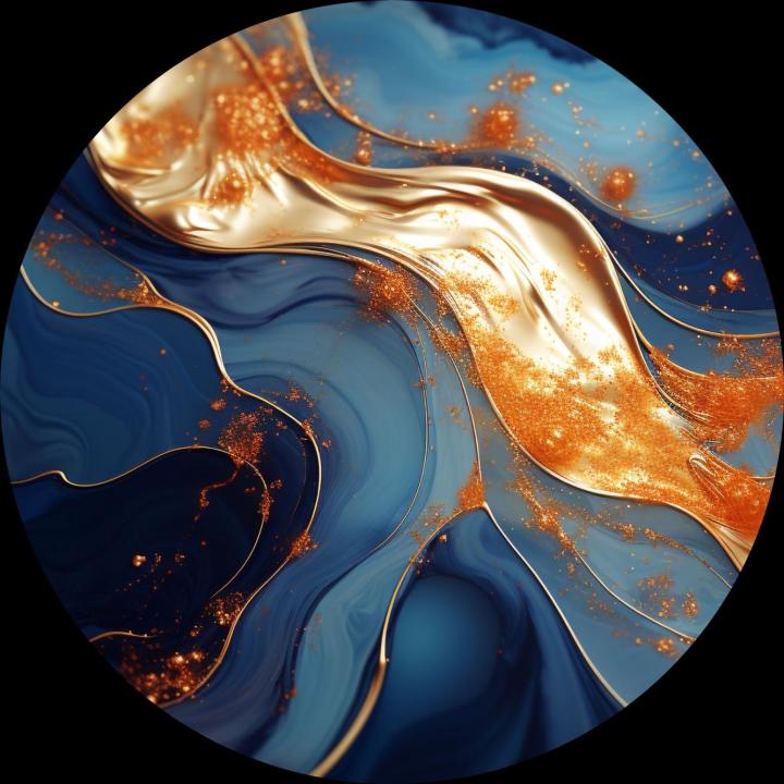 Round Gold and Blue Abstract Glass Wall Art, Circular Tempered Glass Decor, Modern Luxury
