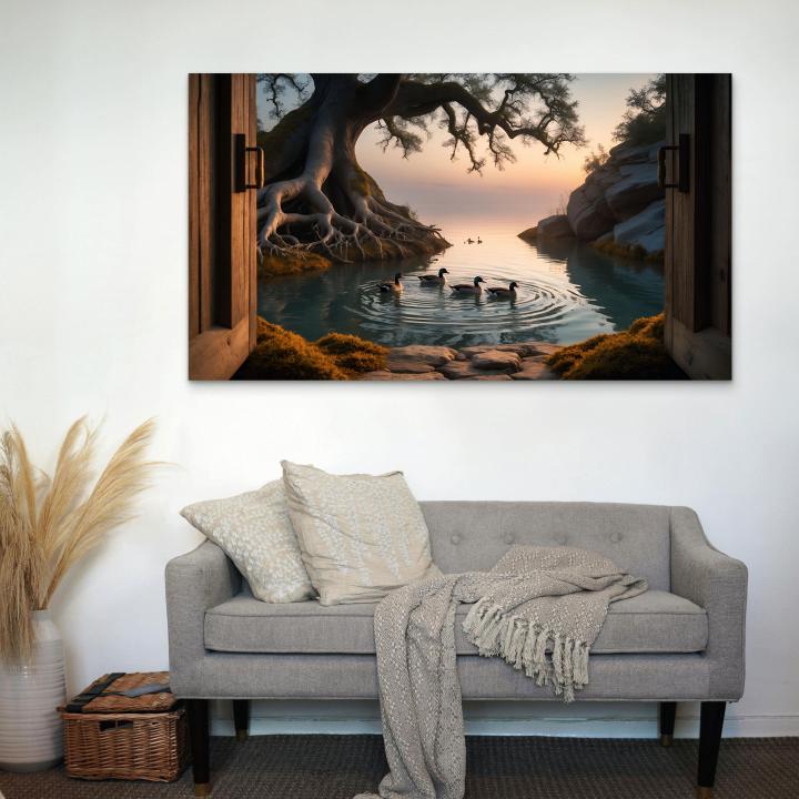 Nature Glass Wall Art, Sunset Lake with Ducks Tempered Glass Print, Large