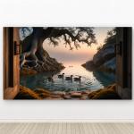 Nature Glass Wall Art, Sunset Lake with Ducks Tempered Glass Print, Large