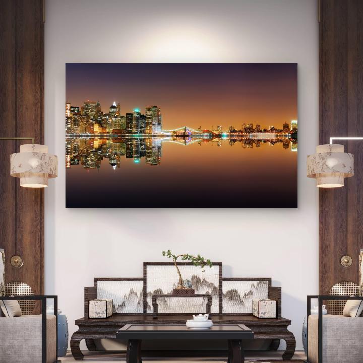 New York City Skyline Tempered Glass Art, Night Cityscape Manhattan Bridge View Print