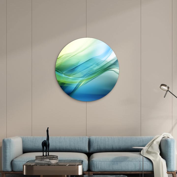 Teal and Green Abstract Tempered Glass Wall Art, Round Modern Decor