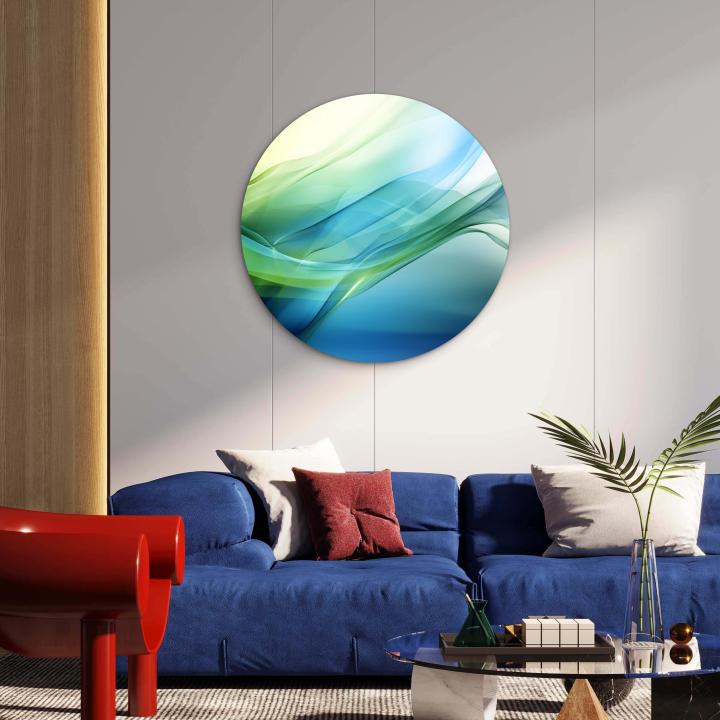 Teal and Green Abstract Tempered Glass Wall Art, Round Modern Decor