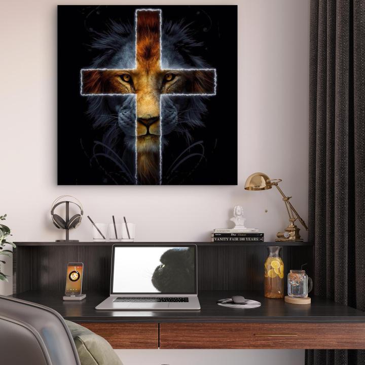 Lion and Cross Tempered Glass Wall Art, Lion of Judah Christian Decor