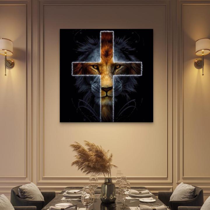 Lion and Cross Tempered Glass Wall Art, Lion of Judah Christian Decor