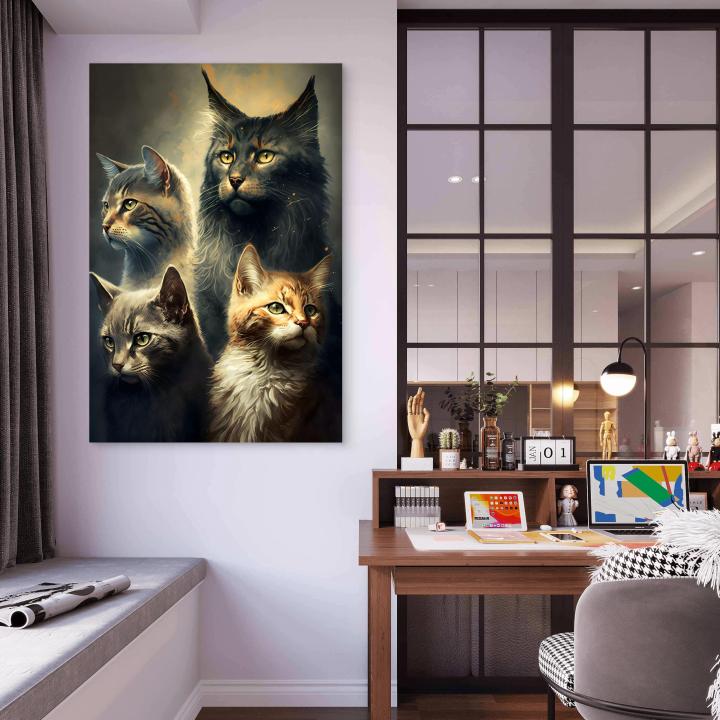 Four Majestic Cats Tempered Glass Wall Art, Modern Animal Print for Living Room