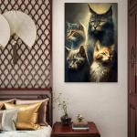 Four Majestic Cats Tempered Glass Wall Art, Modern Animal Print for Living Room