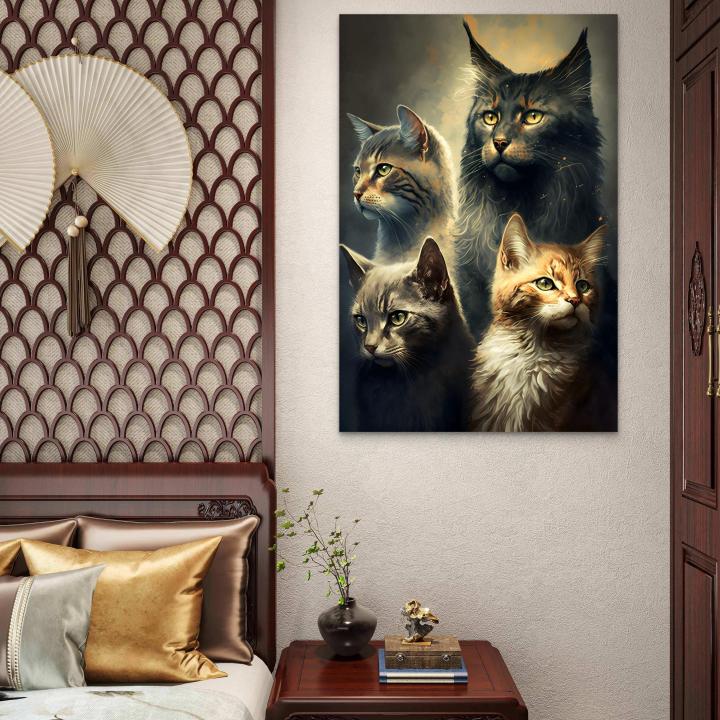 Four Majestic Cats Tempered Glass Wall Art, Modern Animal Print for Living Room