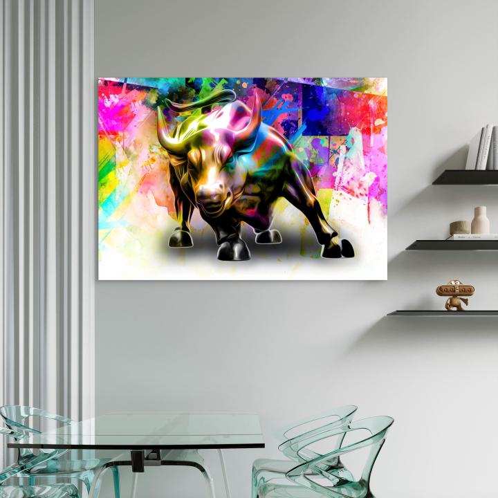 Wall Street Bull Graffiti Tempered Glass Art, Colorful Stock Market Motivation Print