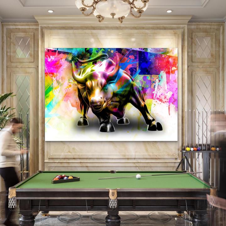 Wall Street Bull Graffiti Tempered Glass Art, Colorful Stock Market Motivation Print