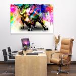 Wall Street Bull Graffiti Tempered Glass Art, Colorful Stock Market Motivation Print