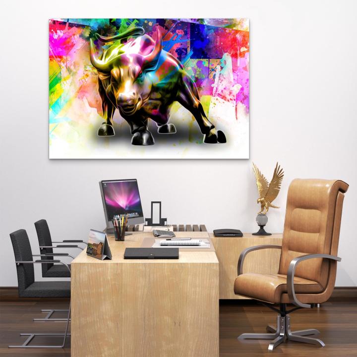 Wall Street Bull Graffiti Tempered Glass Art, Colorful Stock Market Motivation Print