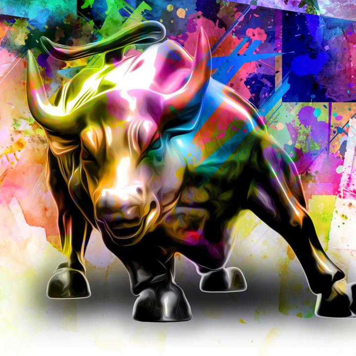 Wall Street Bull Graffiti Tempered Glass Art, Colorful Stock Market Motivation Print