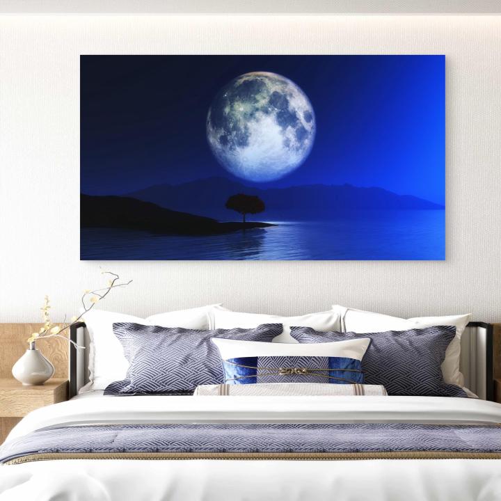 Full Moon Night Tempered Glass Wall Art, Blue Landscape Decor, Ultra HD Printing