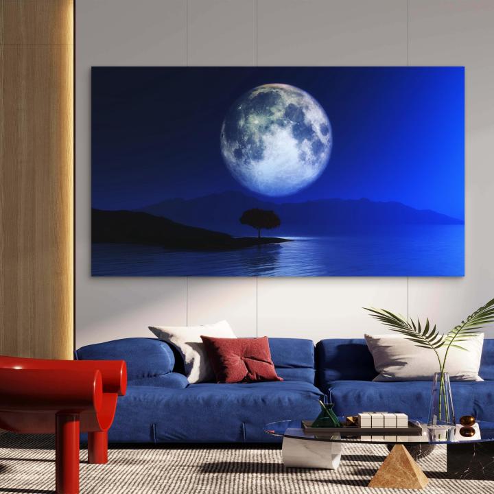 Full Moon Night Tempered Glass Wall Art, Blue Landscape Decor, Ultra HD Printing