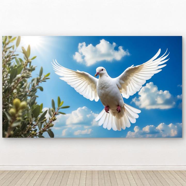 Symbol of Peace,Glossy Tempered Glass Print of Flying White Dove,Spiritual Wall Decor
