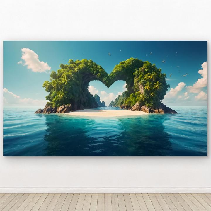 Large Heart Shaped Island Tempered Glass Art,Tropical Love Island Wall Decor,Honeymoon Gift