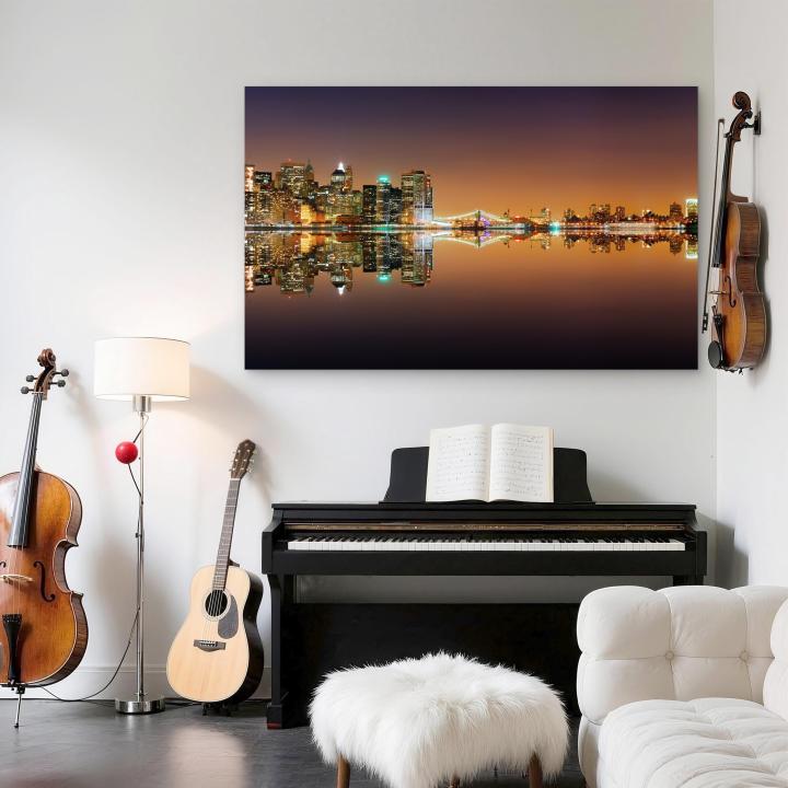 New York City Skyline Tempered Glass Art, Night Cityscape Manhattan Bridge View Print