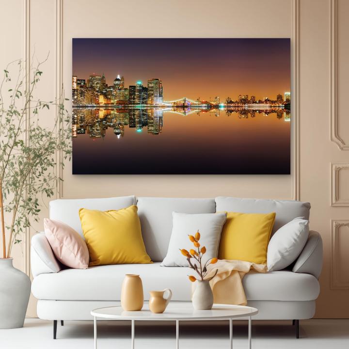 New York City Skyline Tempered Glass Art, Night Cityscape Manhattan Bridge View Print