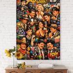 Old School Hollywood Icons Tempered Glass Wall Art,Retro Cinema Glass Print