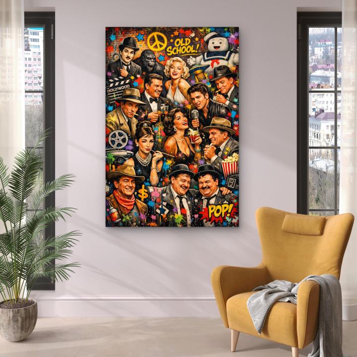 Old School Hollywood Icons Tempered Glass Wall Art,Retro Cinema Glass Print