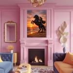 Mystical Woman on Rearing Black Horse Tempered Glass Art, Sunset Beach Fantasy Wall Decor