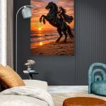 Mystical Woman on Rearing Black Horse Tempered Glass Art, Sunset Beach Fantasy Wall Decor