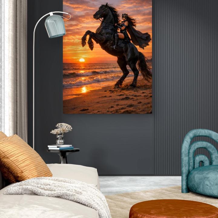 Mystical Woman on Rearing Black Horse Tempered Glass Art, Sunset Beach Fantasy Wall Decor