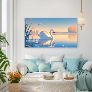 Swan on Lake at Sunset Tempered Glass Wall Art - Large Nature Home Decor