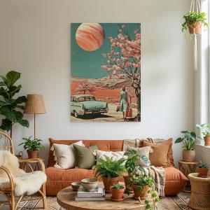 Surreal Retro Future Glass Wall Art, Vintage Space Age Mid Century Decor,Large Tempered