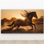 Extra Large Tempered Glass Art: Golden Runner - Galloping Horse at Sunset with Glitter Dust