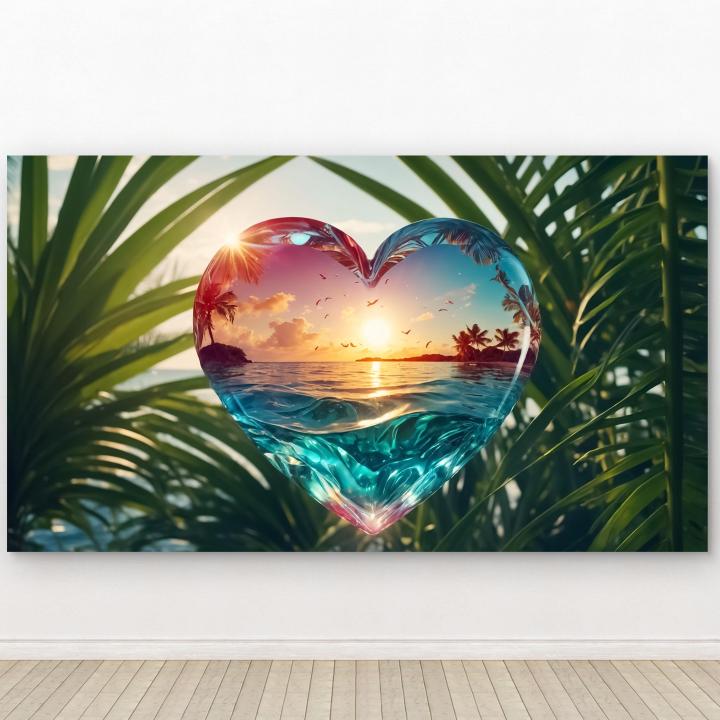 Heart-Shaped Beach Sunset Tempered Glass Wall Art,Large