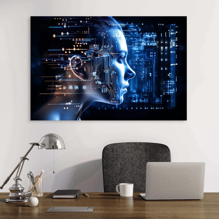 AI Artificial Intelligence Tempered Glass Wall Art, Futuristic Cyber Woman Glass Decor, Large Cyberpunk