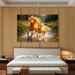 Golden Running Horses Tempered Glass Wall Art, Nature Wildlife Decor