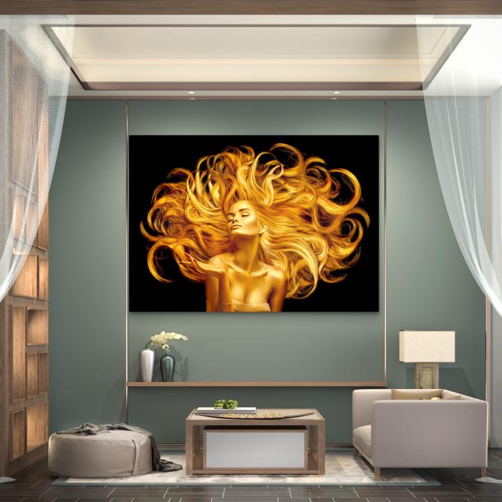 Golden Woman Tempered Glass Wall Art, Luxury Portrait Decor, Black Gold Print