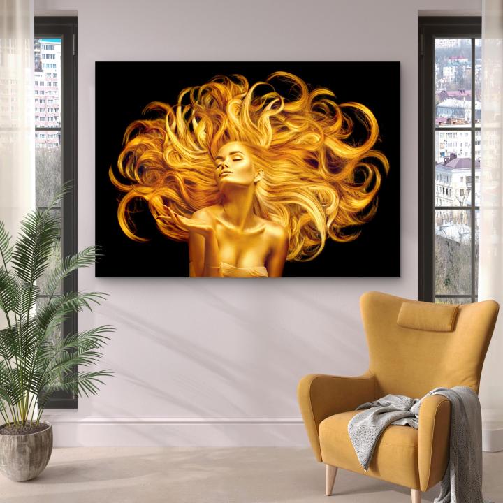 Golden Woman Tempered Glass Wall Art, Luxury Portrait Decor, Black Gold Print