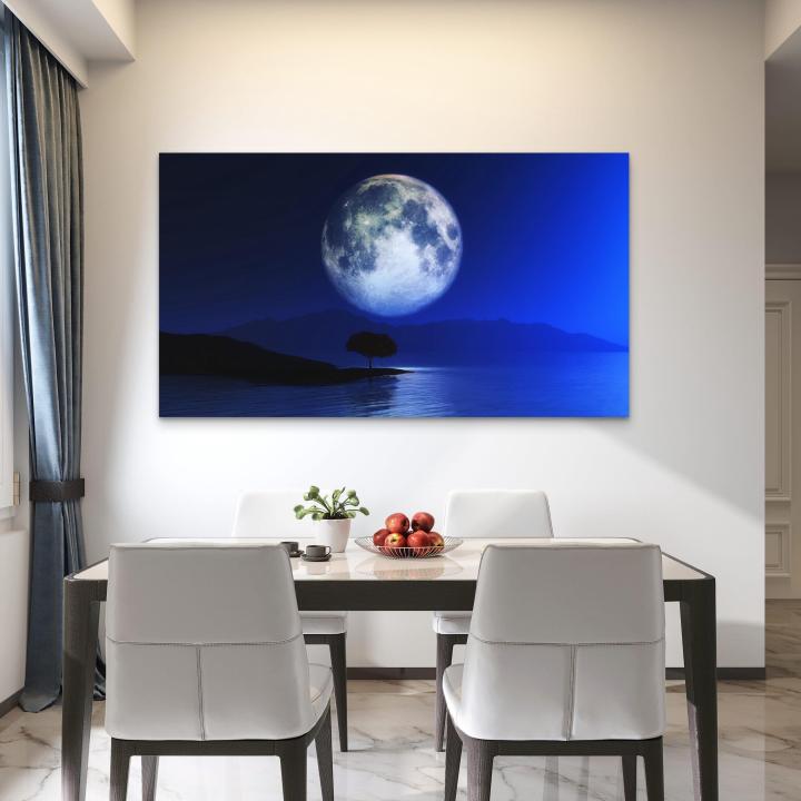 Full Moon Night Tempered Glass Wall Art, Blue Landscape Decor, Ultra HD Printing