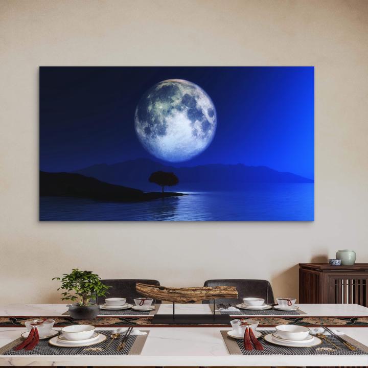 Full Moon Night Tempered Glass Wall Art, Blue Landscape Decor, Ultra HD Printing