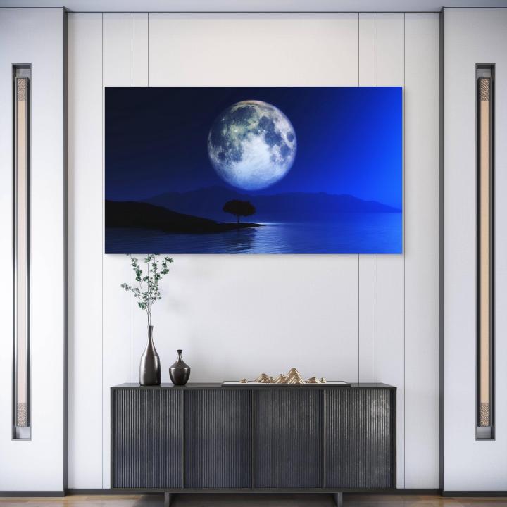 Full Moon Night Tempered Glass Wall Art, Blue Landscape Decor, Ultra HD Printing