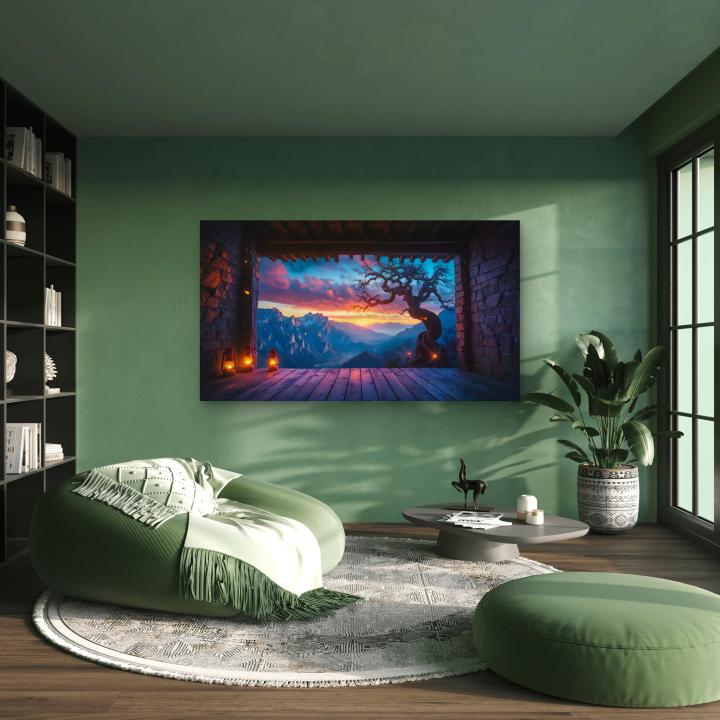 Tempered Glass Wall Art, Sunset Mountain View, Mystic Tree Landscape, Large Glass Printing