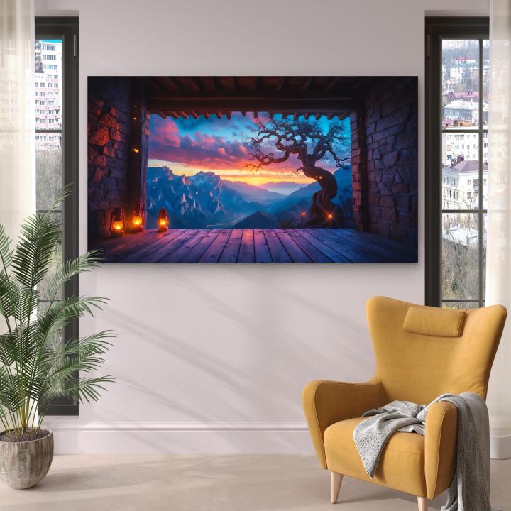 Tempered Glass Wall Art, Sunset Mountain View, Mystic Tree Landscape, Large Glass Printing