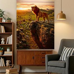 Majestic Lion King Tempered Glass Wall Art, African Sunset Wildlife Landscape Print