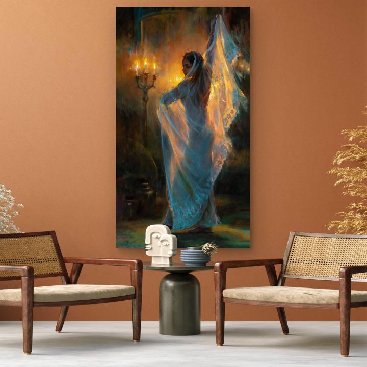 Veiled Goddess Tempered Glass Art, Candlelight Mystery Wall Decor